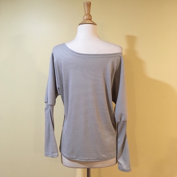 Slouchy Off Shoulder Ribbed Knit Sweater Top Grey - Picture 5 of 5